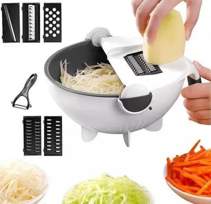 FARMER 9 in 1 Multifunction Magic Rotate Vegetable Cutter with Wet Rotating Drain Basket Strainer for Kitchen Portable Rotating Basket Food Strainer Bowl Plastic and Stainless Steel (Multicolor).