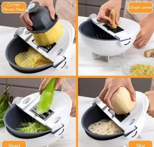 FARMER 9 in 1 Multifunction Magic Rotate Vegetable Cutter with Wet Rotating Drain Basket Strainer for Kitchen Portable Rotating Basket Food Strainer Bowl Plastic and Stainless Steel (Multicolor).