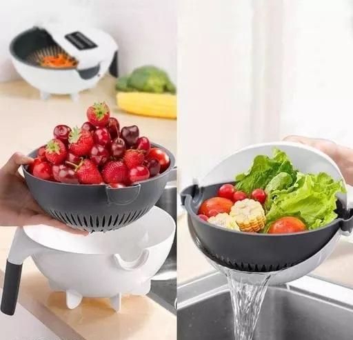 FARMER 9 in 1 Multifunction Magic Rotate Vegetable Cutter with Wet Rotating Drain Basket Strainer for Kitchen Portable Rotating Basket Food Strainer Bowl Plastic and Stainless Steel (Multicolor).