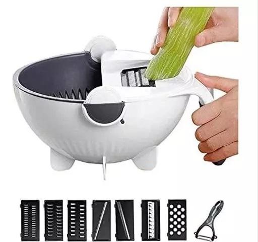 FARMER 9 in 1 Multifunction Magic Rotate Vegetable Cutter with Wet Rotating Drain Basket Strainer for Kitchen Portable Rotating Basket Food Strainer Bowl Plastic and Stainless Steel (Multicolor).